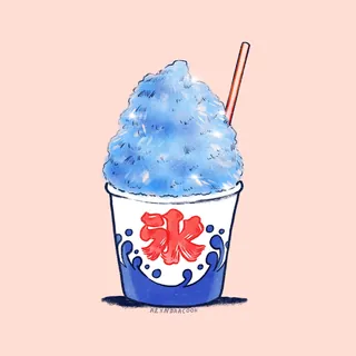 Blue shaved ice in cup with red character and straw