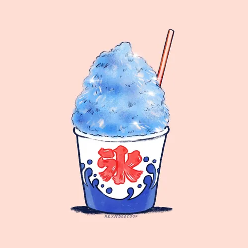 Blue shaved ice in cup with red character and straw