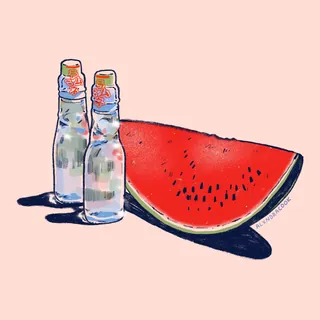 Two glass bottles next to a slice of watermelon on pink background