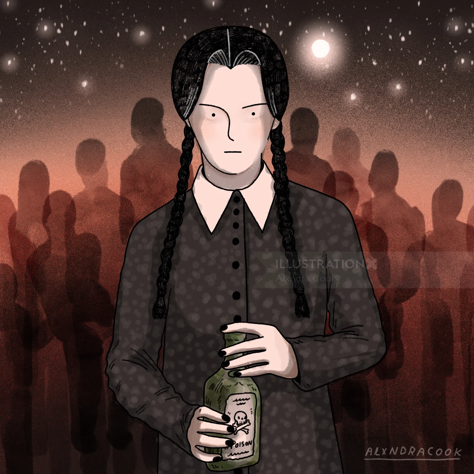 Girl with braided hair holding a poison bottle in a dark starry background