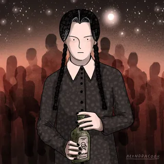 Girl with braided hair holding a poison bottle in a dark starry background