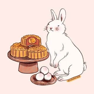 White rabbit sitting near mooncakes and eggs on plates