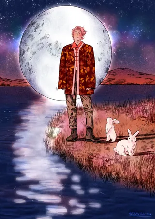 Person standing by river with two rabbits under large moon