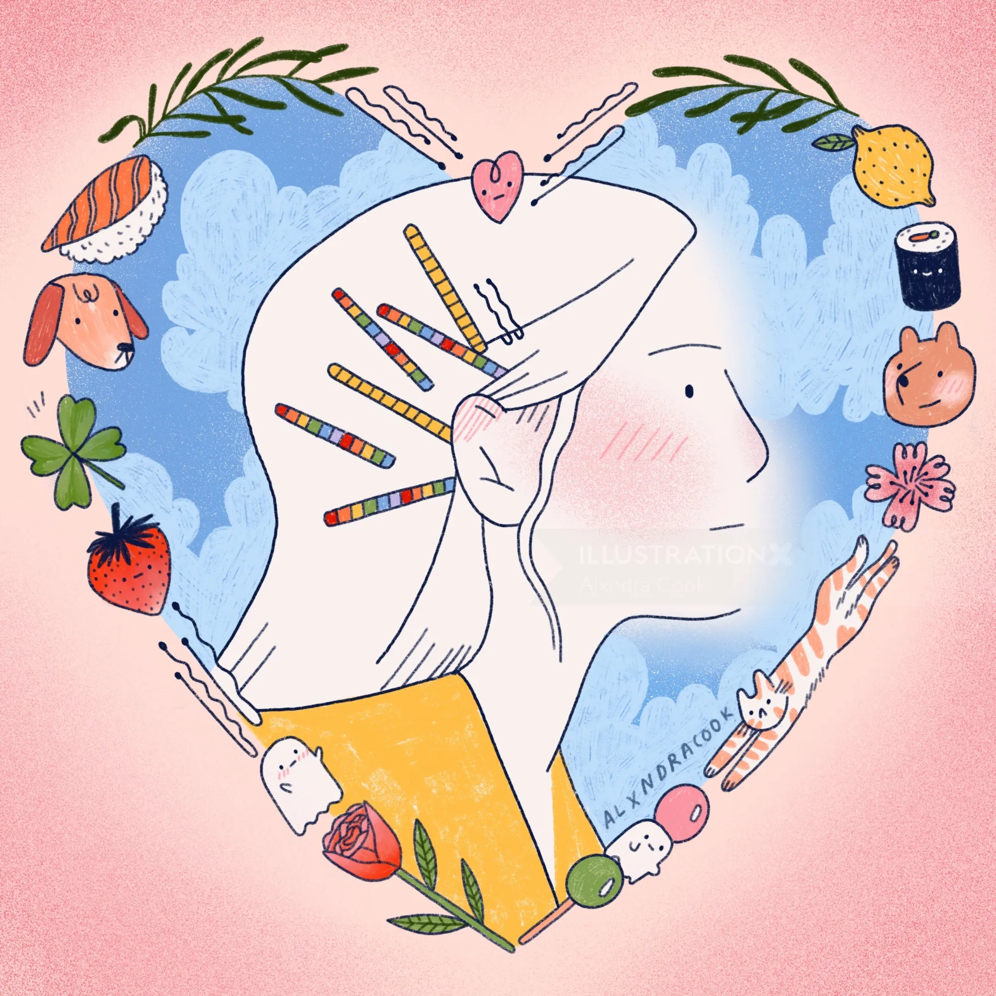 Profile of girl with pencils in hair and heart-shaped food items around