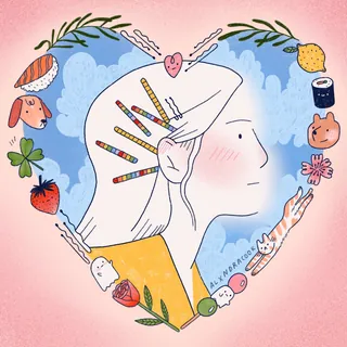Profile of girl with pencils in hair and heart-shaped food items around