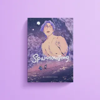 Shirtless angelic figure with wings in a moonlit night sky