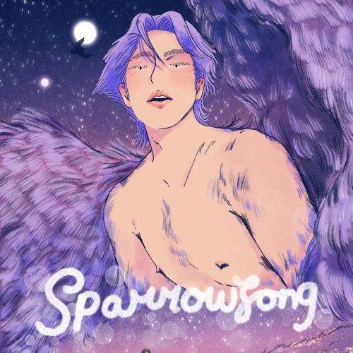 Winged figure with purple hair and two people walking under a starry night sky