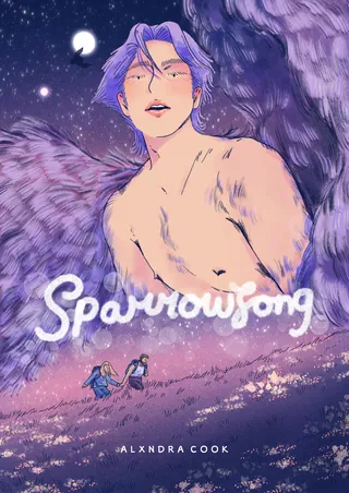 Winged figure with purple hair and two people walking under a starry night sky