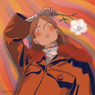 Woman holding glowing flower in vibrant abstract background