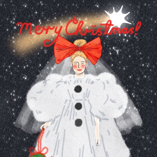 Christmas angel illustration with white dress, red bow, and basket