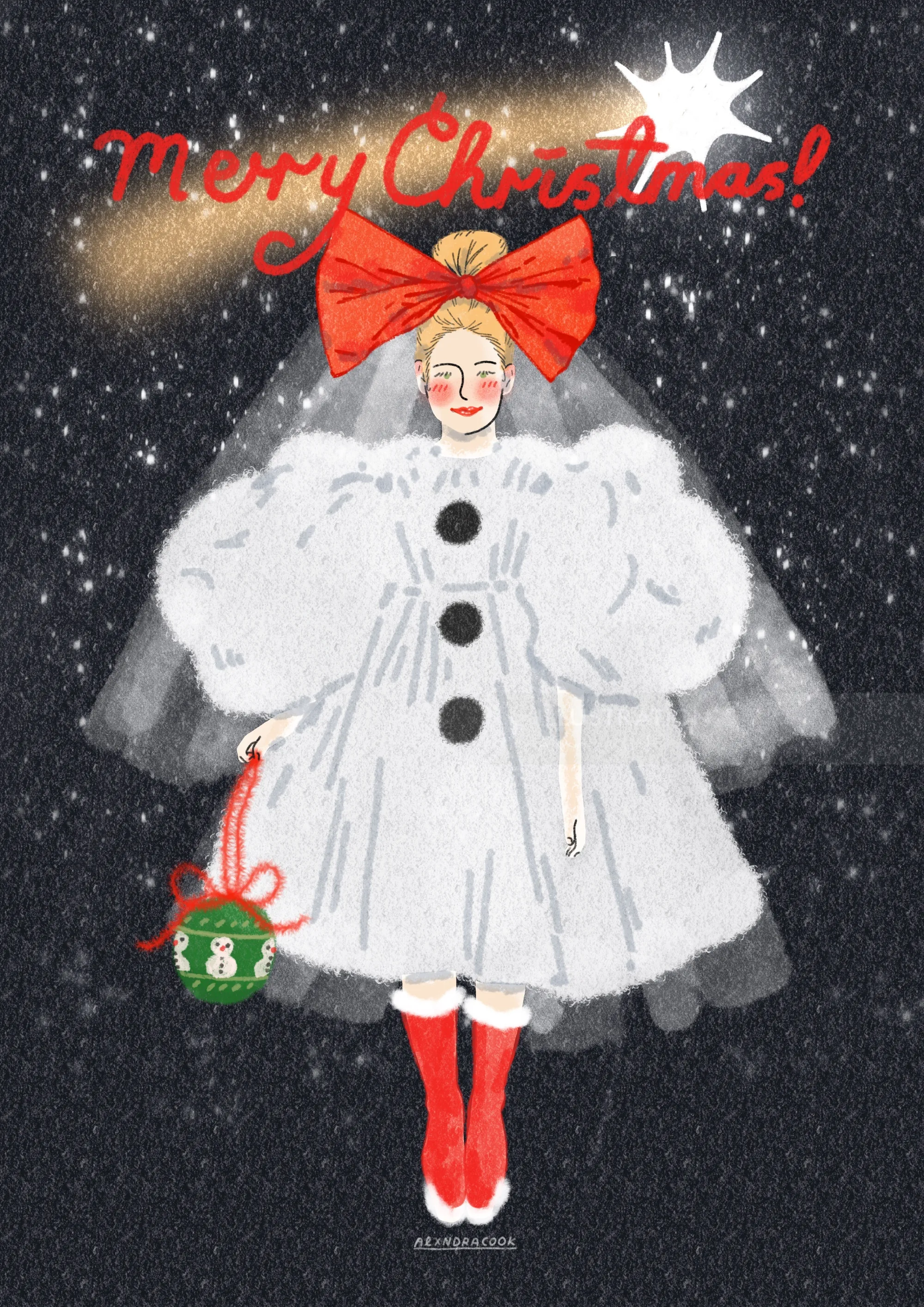 Ilustración de ángel navideño con vestido blanco, lazo rojo y canasta