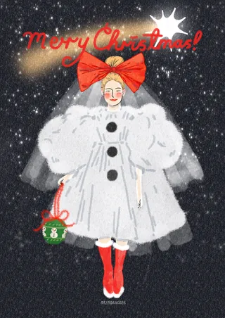 Christmas angel illustration with white dress, red bow, and basket