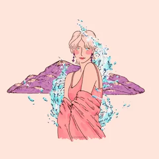 Woman with water splashes and purple mountains behind her