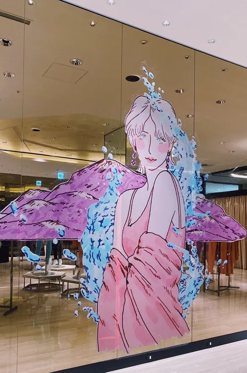 Illustration of a woman with pink wings and blue butterflies by Alxndra Cook