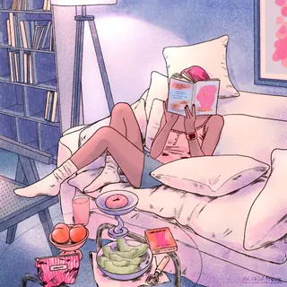 Person reading a book while lounging on a couch with snacks nearby.