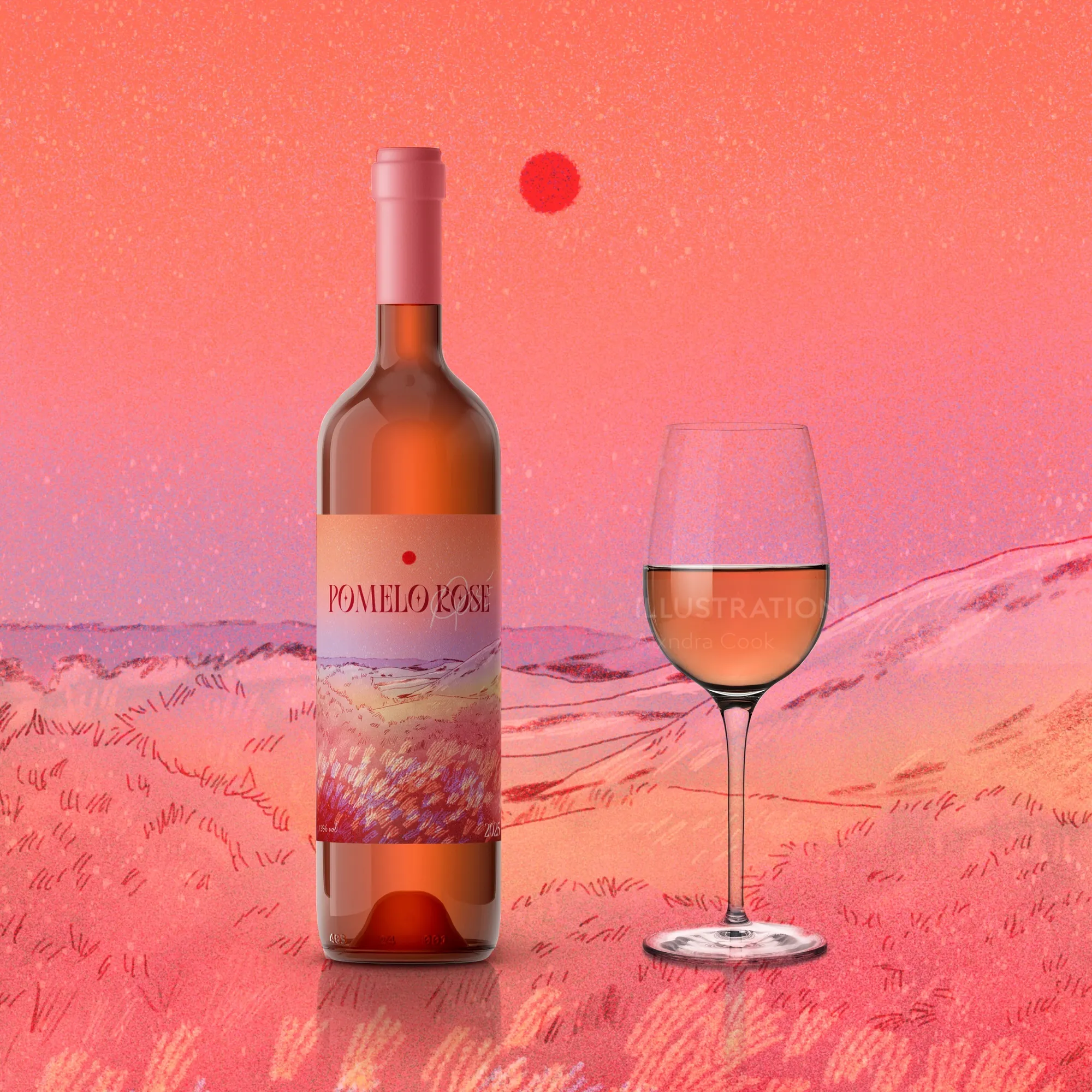 Botella de vino rosado y una copa con paisaje rosa al atardecer