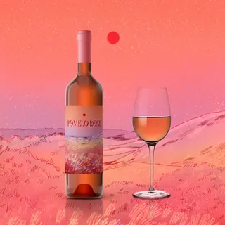 Rose wine bottle and a glass with sunset pink landscape