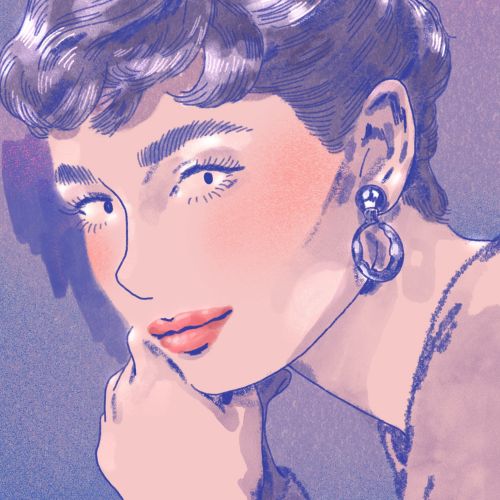 Illustrated close-up portrait of woman with short hair and earrings
