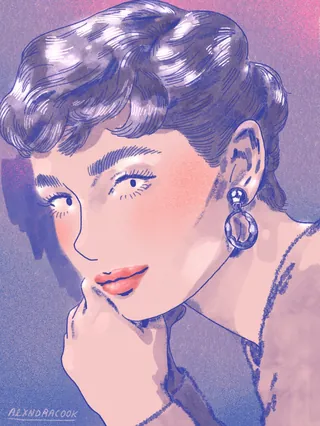 Illustrated close-up portrait of woman with short hair and earrings