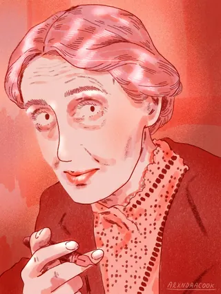 Illustration of an elderly woman with short hair wearing a patterned blouse
