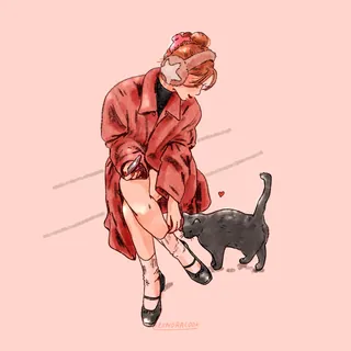 Woman in red dress sitting and petting a black cat with a heart.