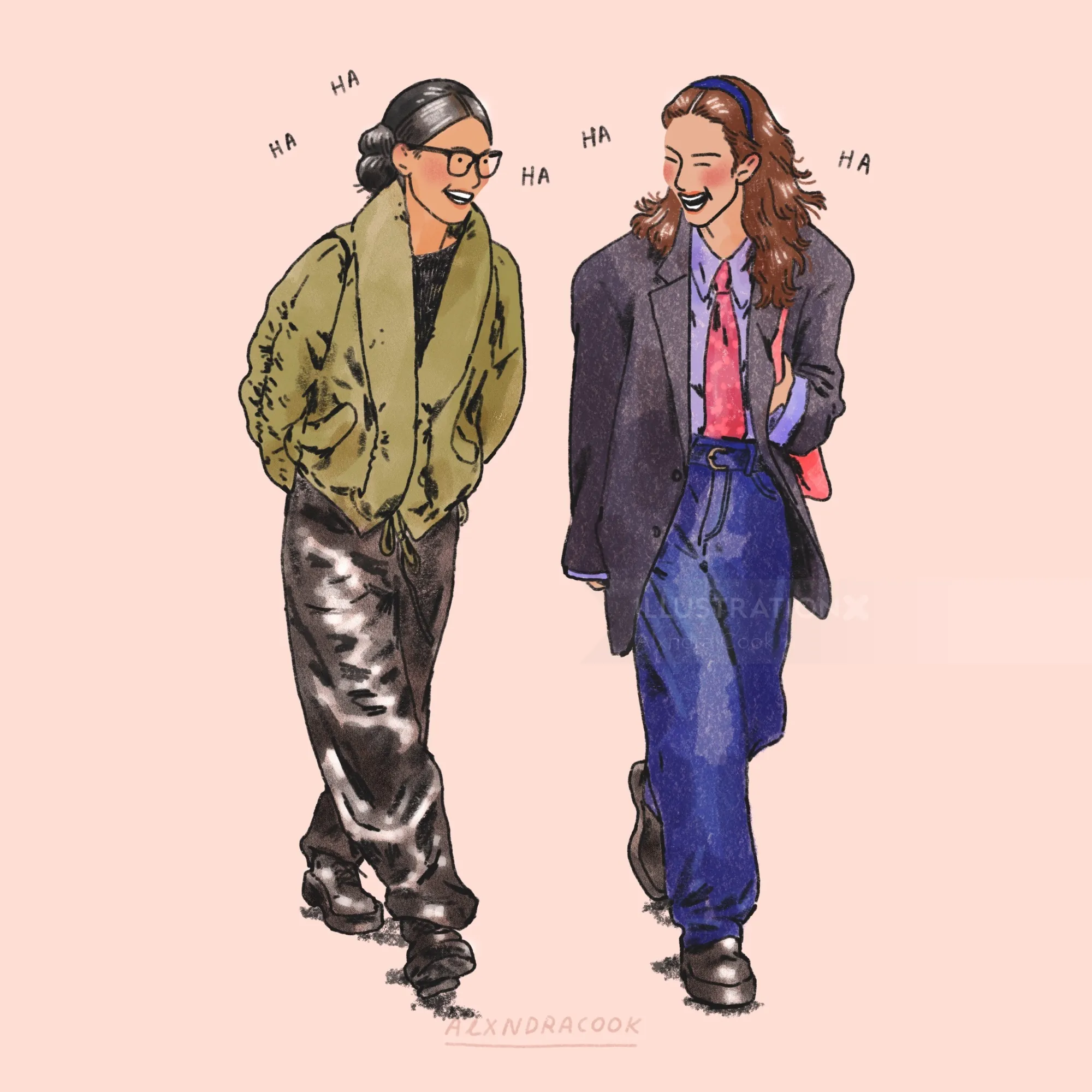 Two people laughing and walking wearing casual and formal clothes