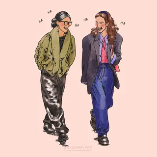 Two people laughing and walking wearing casual and formal clothes