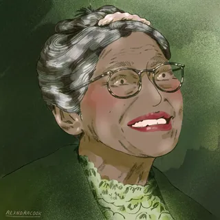 Smiling elderly woman wearing glasses and a green outfit illustration