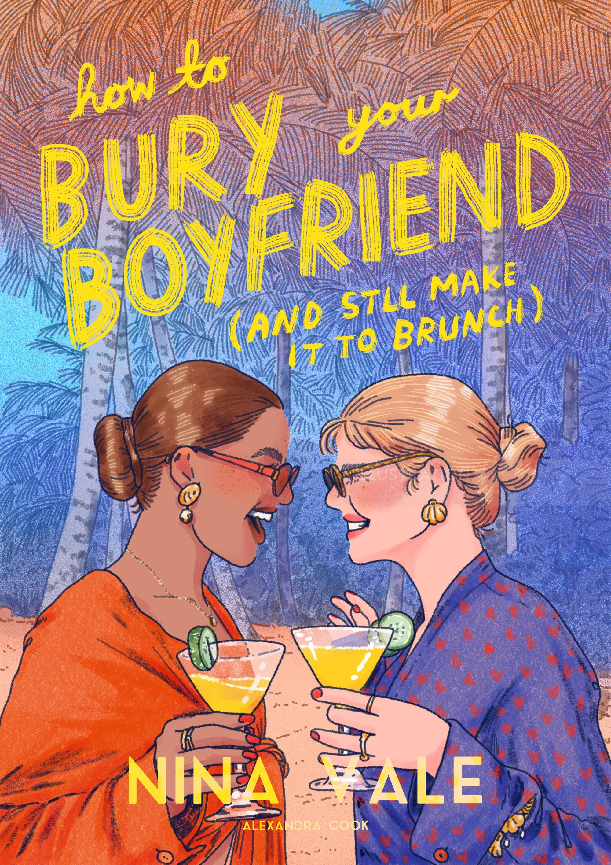 Two women cheers with cocktails smiling outdoors under trees