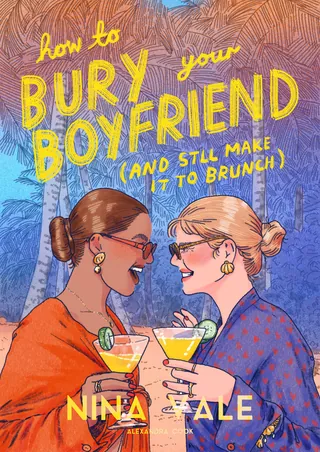 Two women cheers with cocktails smiling outdoors under trees