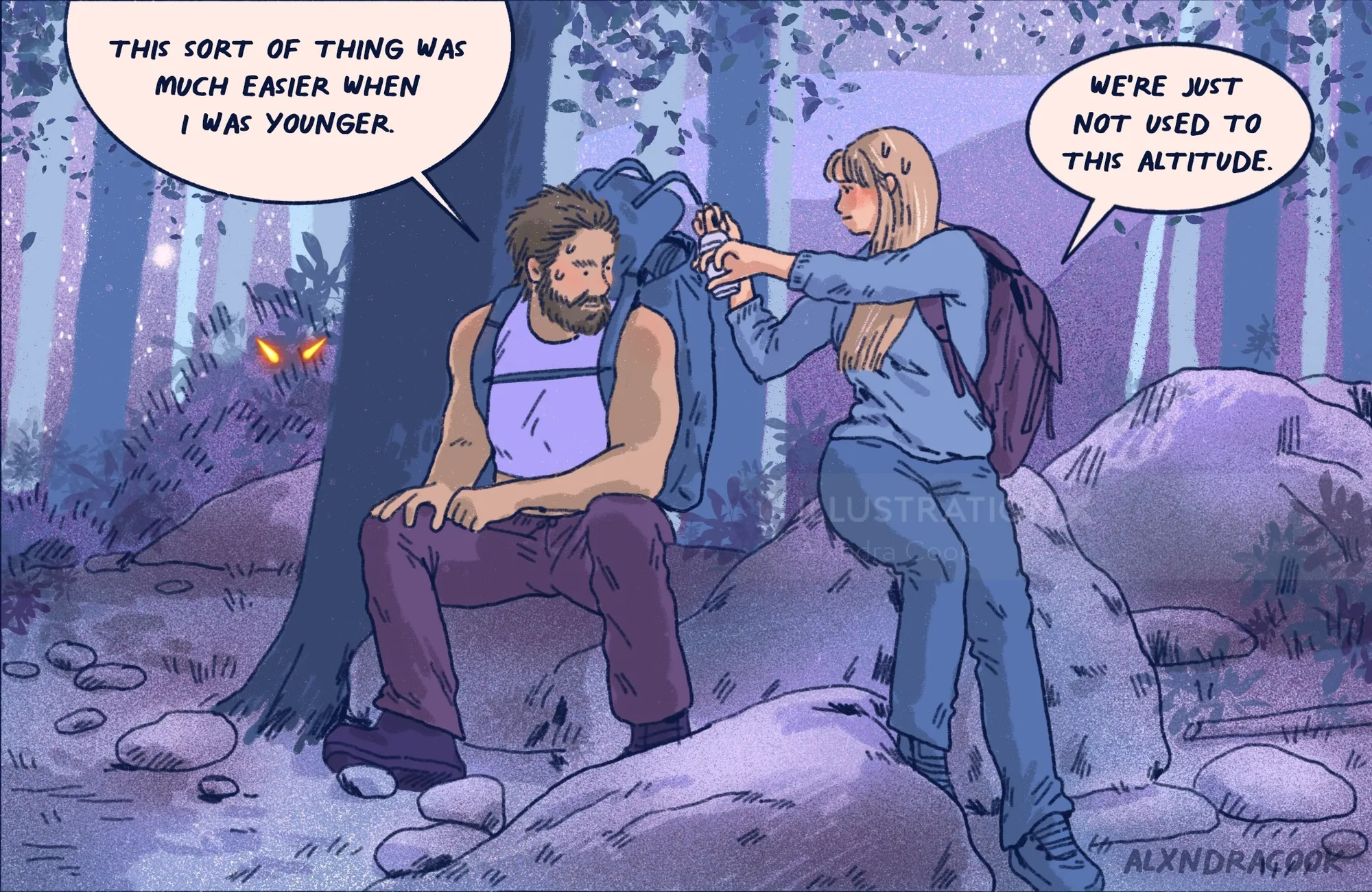 Two people having a conversation in a forest at night with dialogue bubbles.