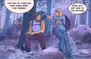 Two people having a conversation in a forest at night with dialogue bubbles.