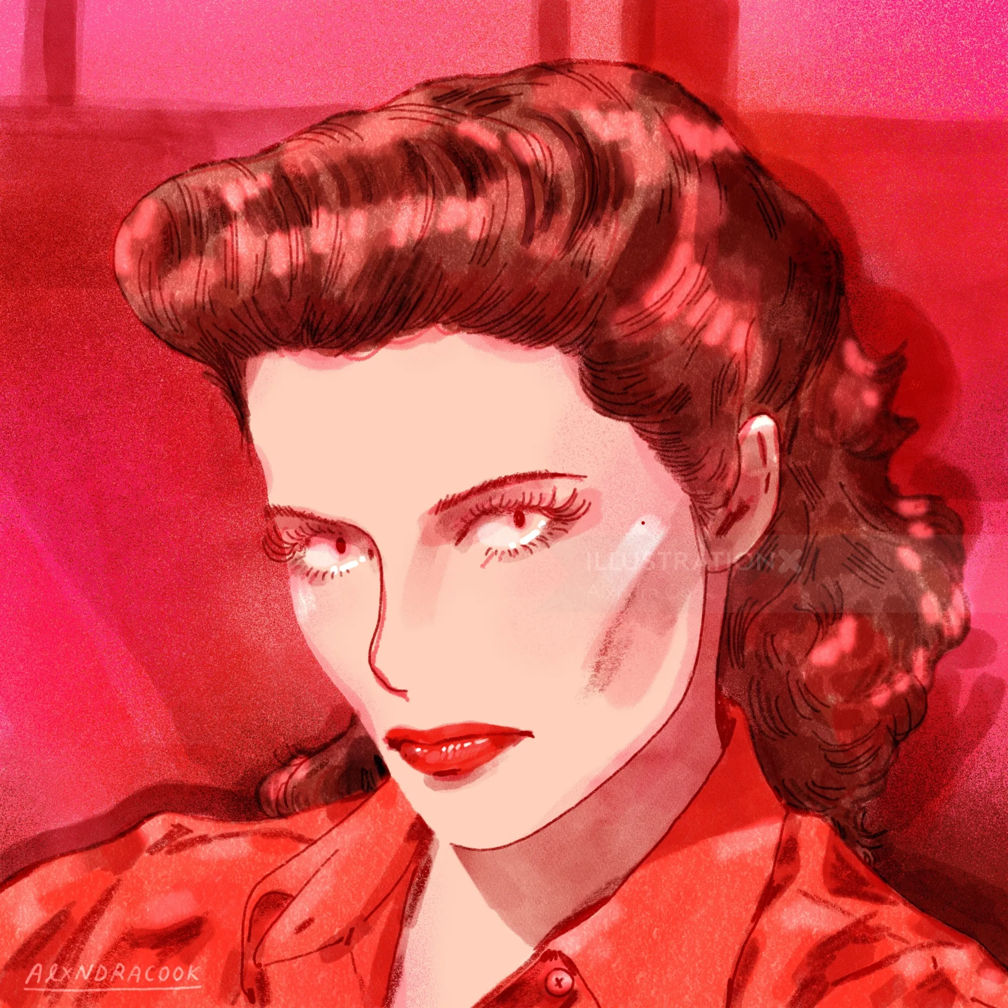 Ilustración de una mujer con cabello rojo y lápiz labial rojo en estilo vintage.