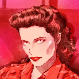 Illustration of a woman with red hair and red lipstick in a vintage style