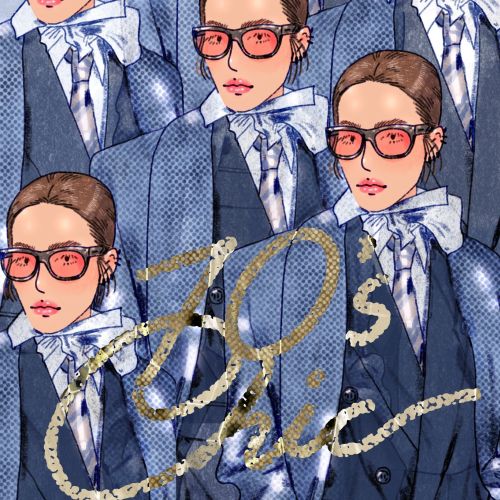 Women in blue suits wearing red glasses with 80s chic graphic