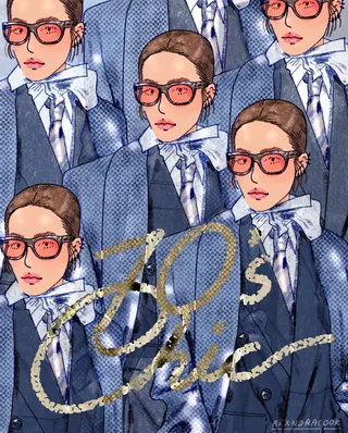 Women in blue suits wearing red glasses with 80s chic graphic