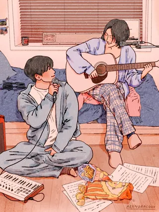 Two individuals playing guitar and singing indoors with music sheets and snacks