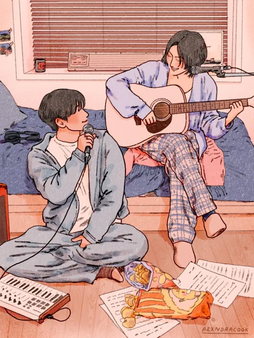 Two individuals playing guitar and singing indoors with music sheets and snacks