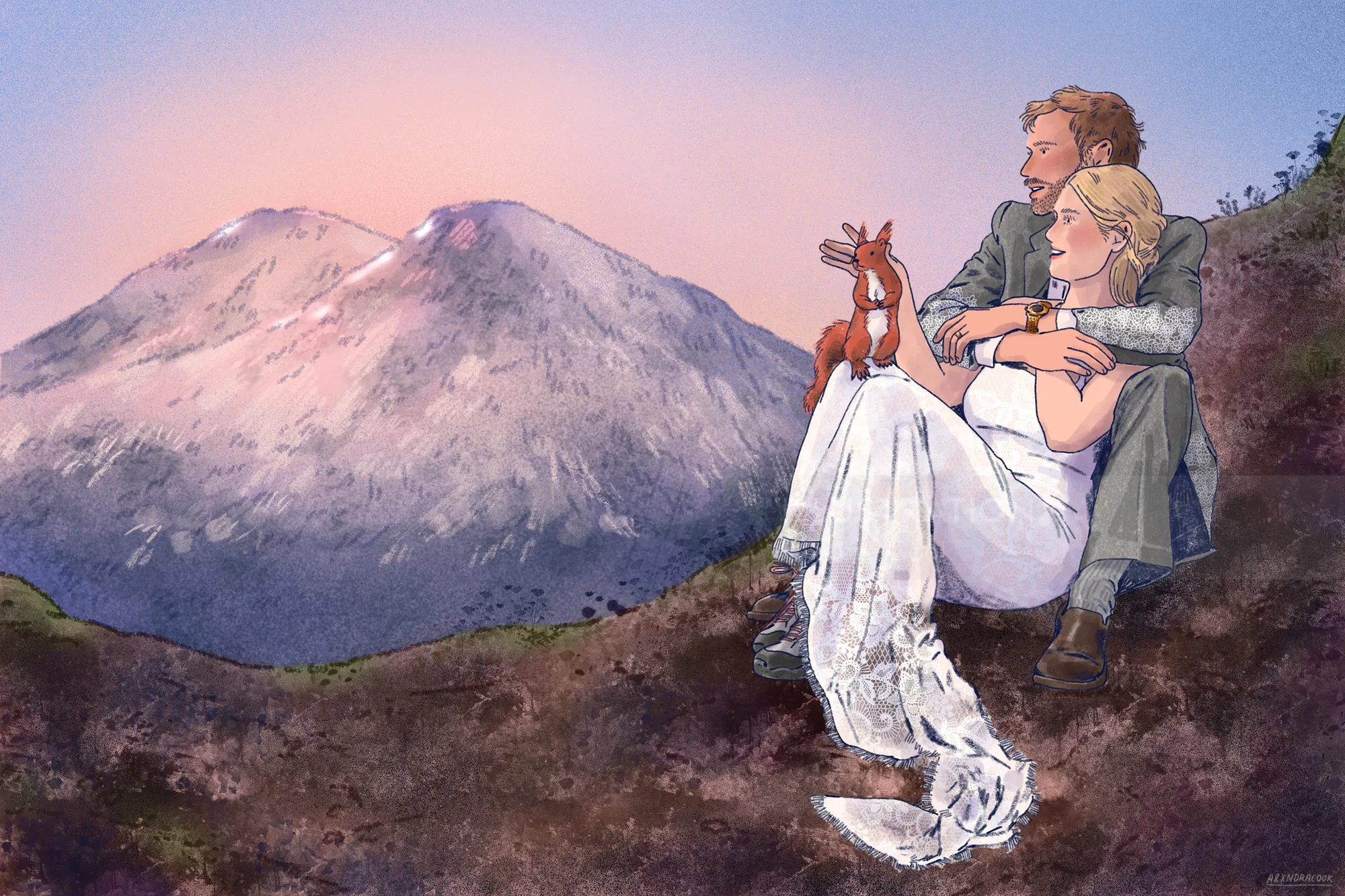 Bride and groom sitting on hilltop near mountains at sunset