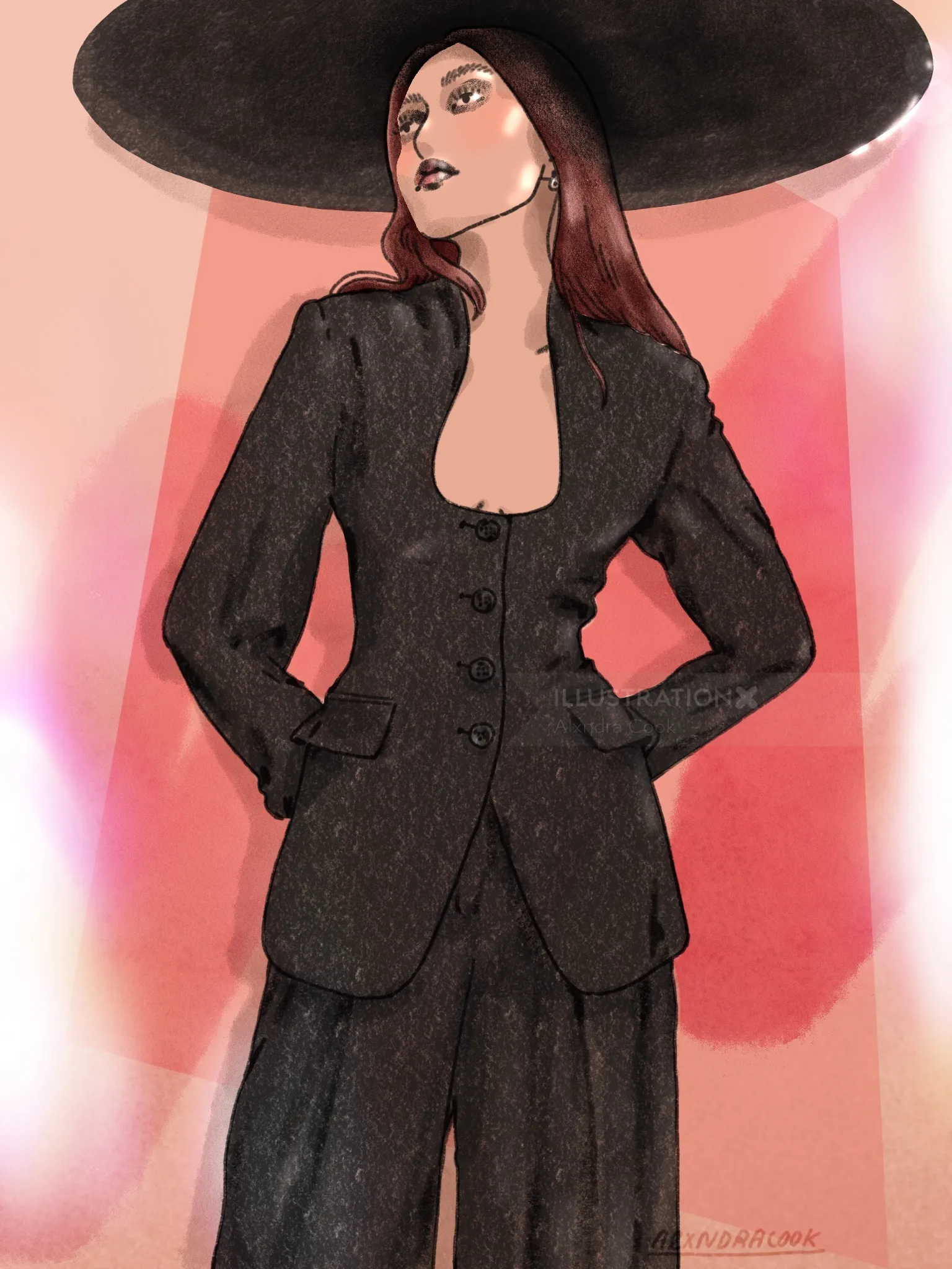 Woman wearing black suit and large black hat posing confidently