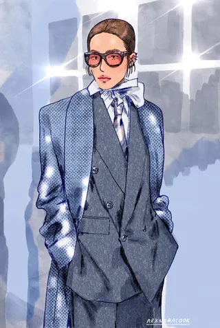 Woman wearing blue suit, glasses, and scarf in fashion illustration