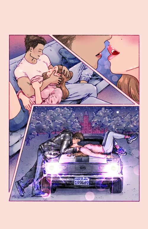 Couple sharing romantic and playful moments indoors and on a car at night.