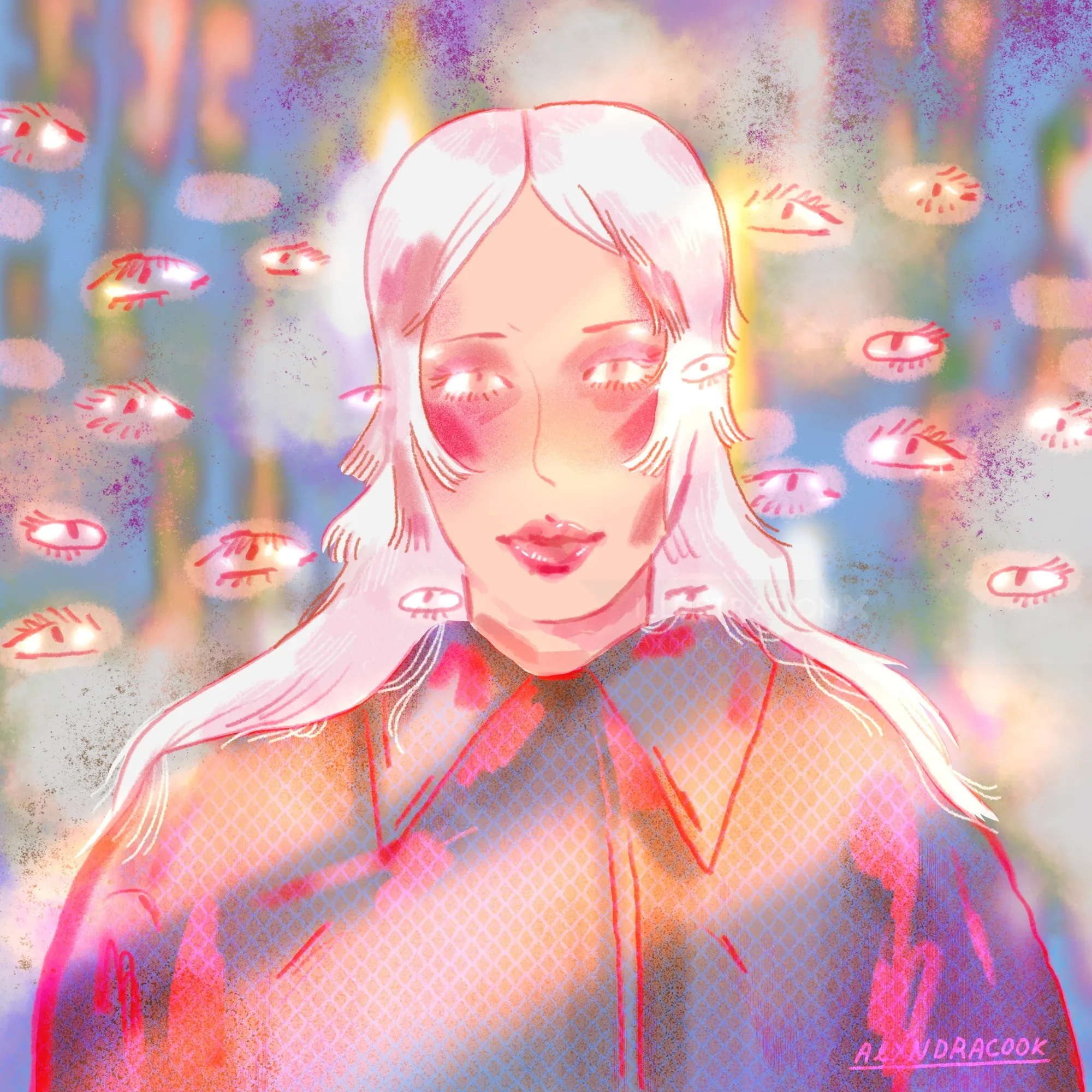 Surreal digital portrait of a woman with floating eyes, artwork by Alxndra Cook