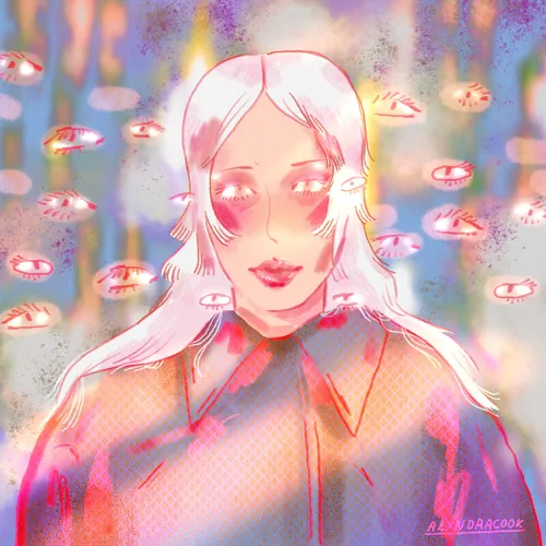 Surreal digital portrait of a woman with floating eyes, artwork by Alxndra Cook