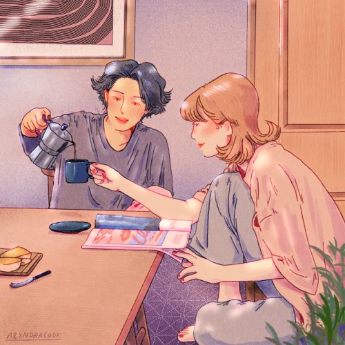 Two women sharing coffee and reading magazines by Alxndra Cook