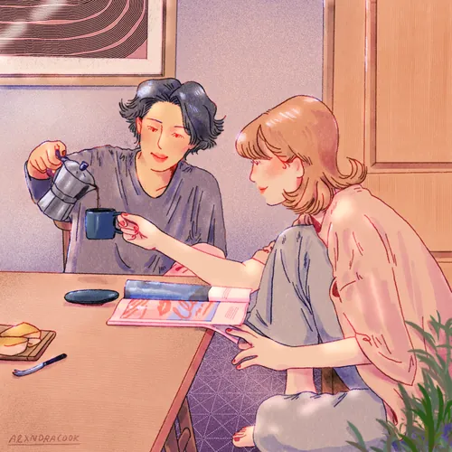Two women sharing coffee and reading magazines by Alxndra Cook