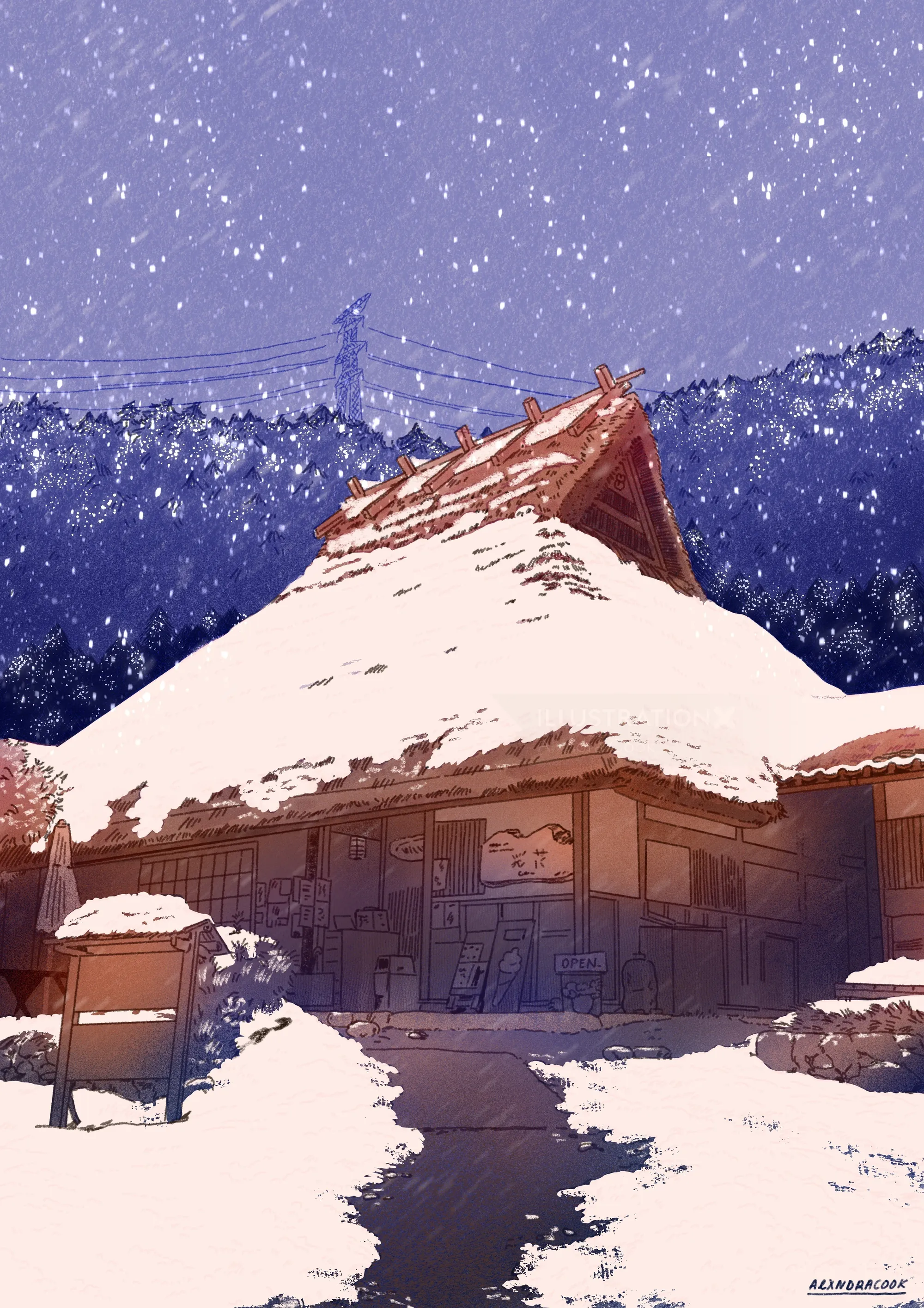 Casa tradicional cubierta de nieve bajo un cielo estrellado por Alxndra Cook