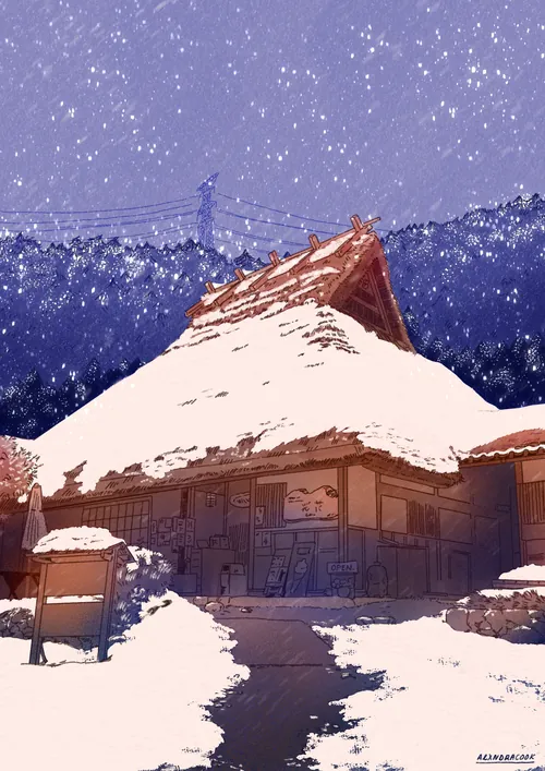 Snow-covered traditional house under starry night sky by Alxndra Cook