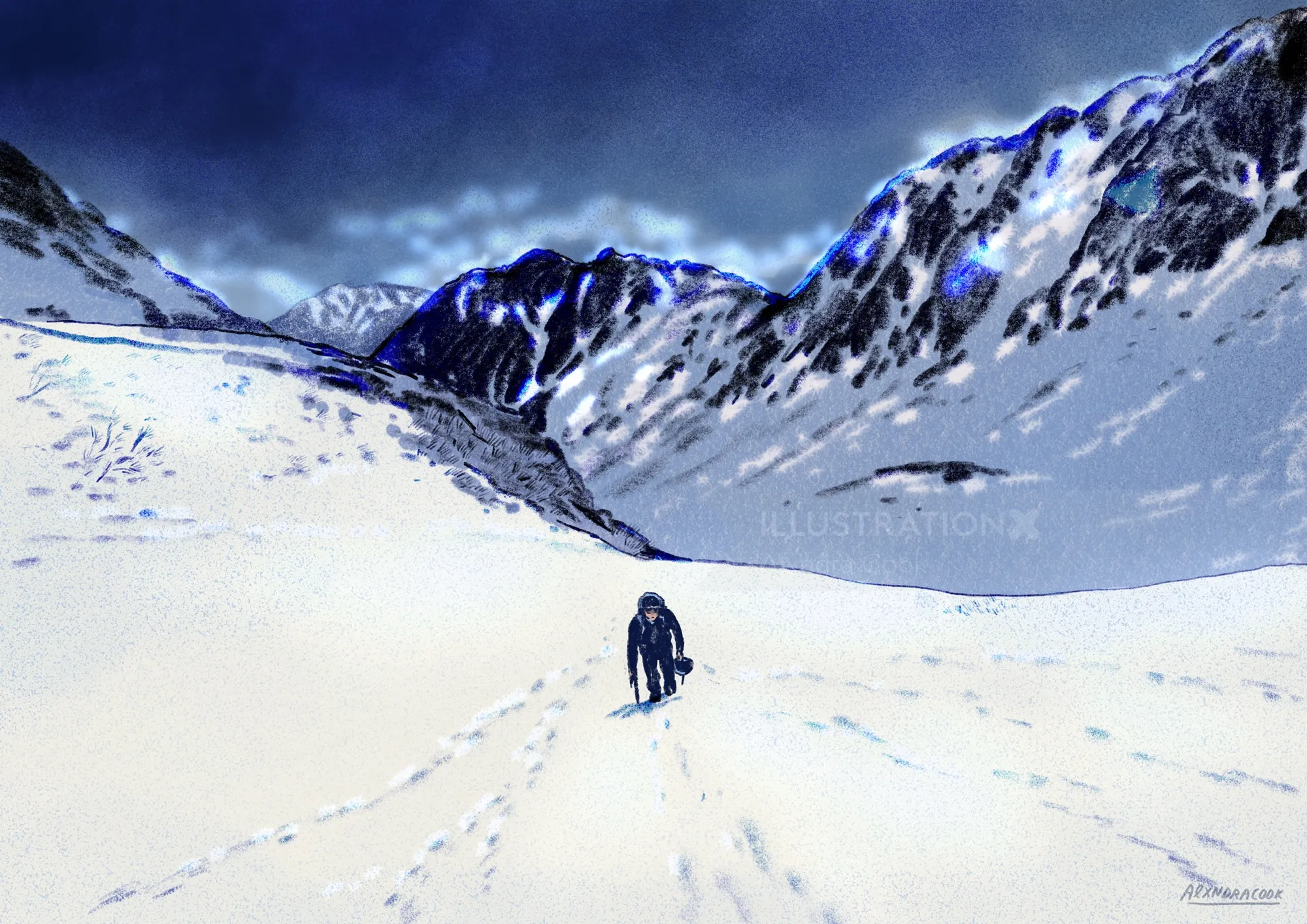 Hiker walking through snowy mountains under glowing clouds by Alxndra Cook