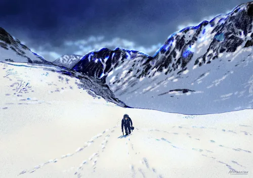 Hiker walking through snowy mountains under glowing clouds by Alxndra Cook